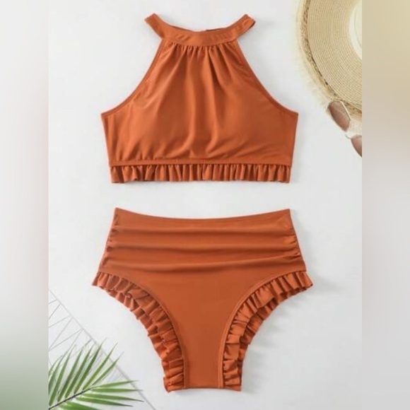 Other - Rust orange colored 2 piece bikini with ruffles halter top full coverage bottom